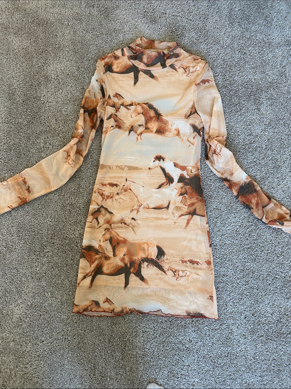 Urban Outfitters Beige and Brown Horse-Print Long Sleeve Dress
